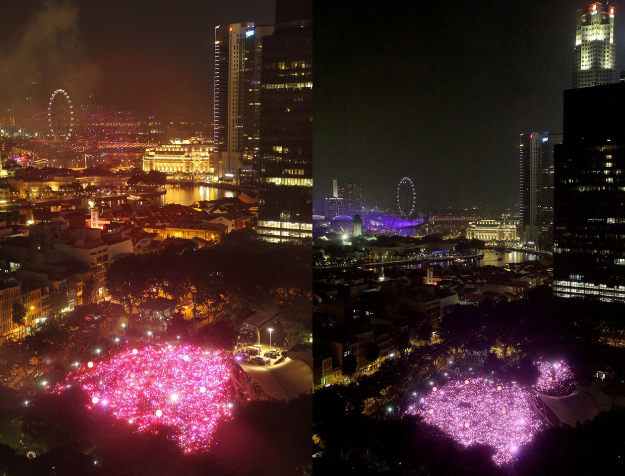 Figs 4 & 5. Left: Pink Dot, aerial view of Hong Lim Park in 2012, featuring approximately 15,000 participants. Right: Pink Dot, aerial view of Hong Lim Park in 2013, featuring approximately 21,000 participants. Pink Dot SG
